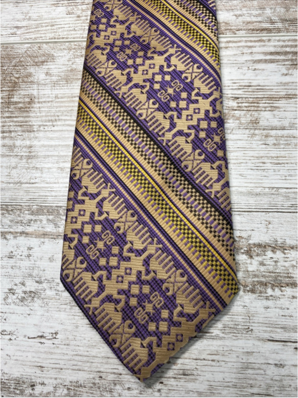 Vintage Abstract Geometric Necktie Purple Gold Wide Tie Retro 80s 90s Statement